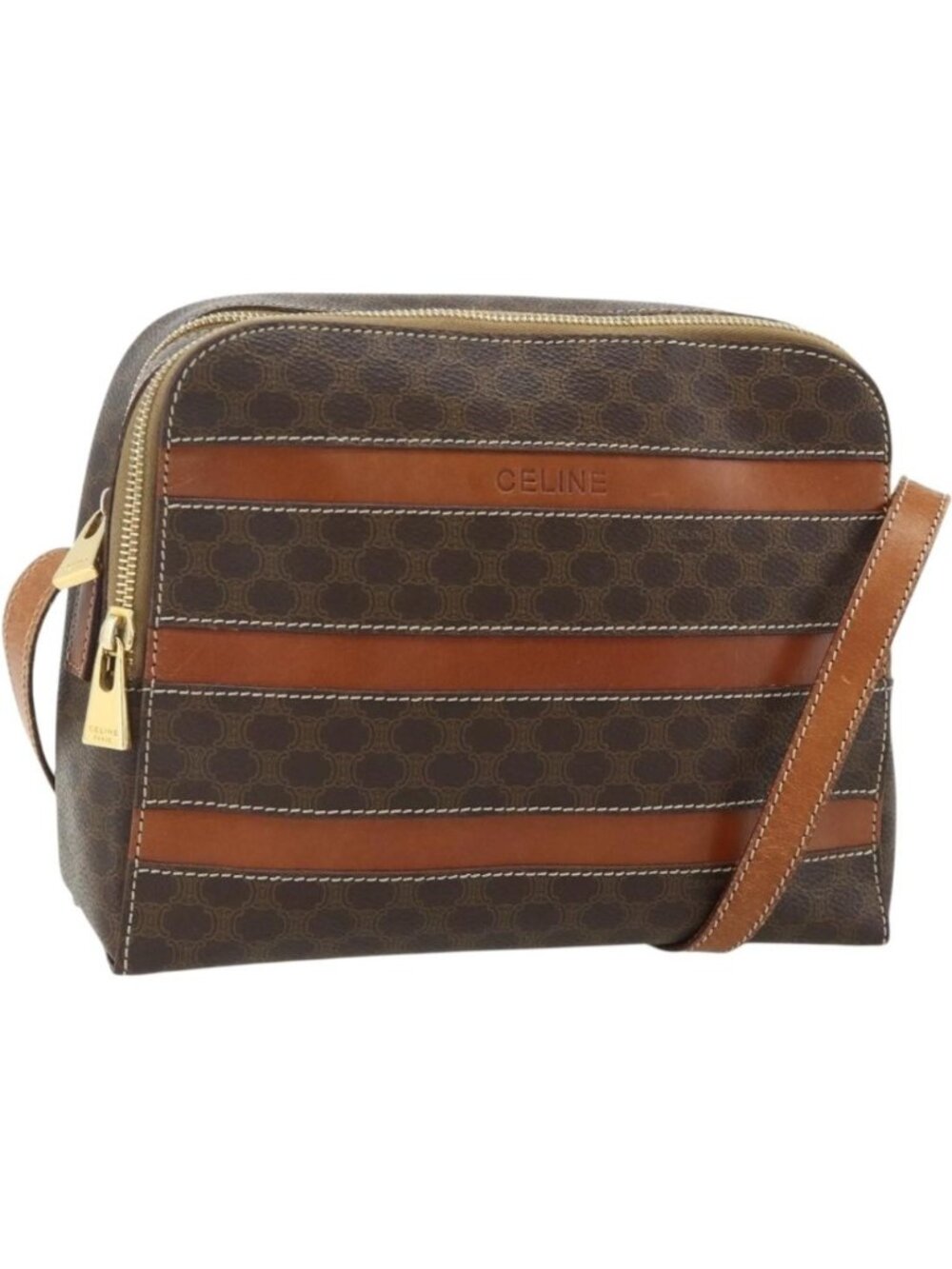 CELINE Macadam Canvas Shoulder Bag PVC Leather Brown Gold